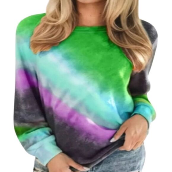 Tie Dye Crew Neck T-Shirts Ombre Round Neck Long Sleeve Sz Large - Picture 1 of 3